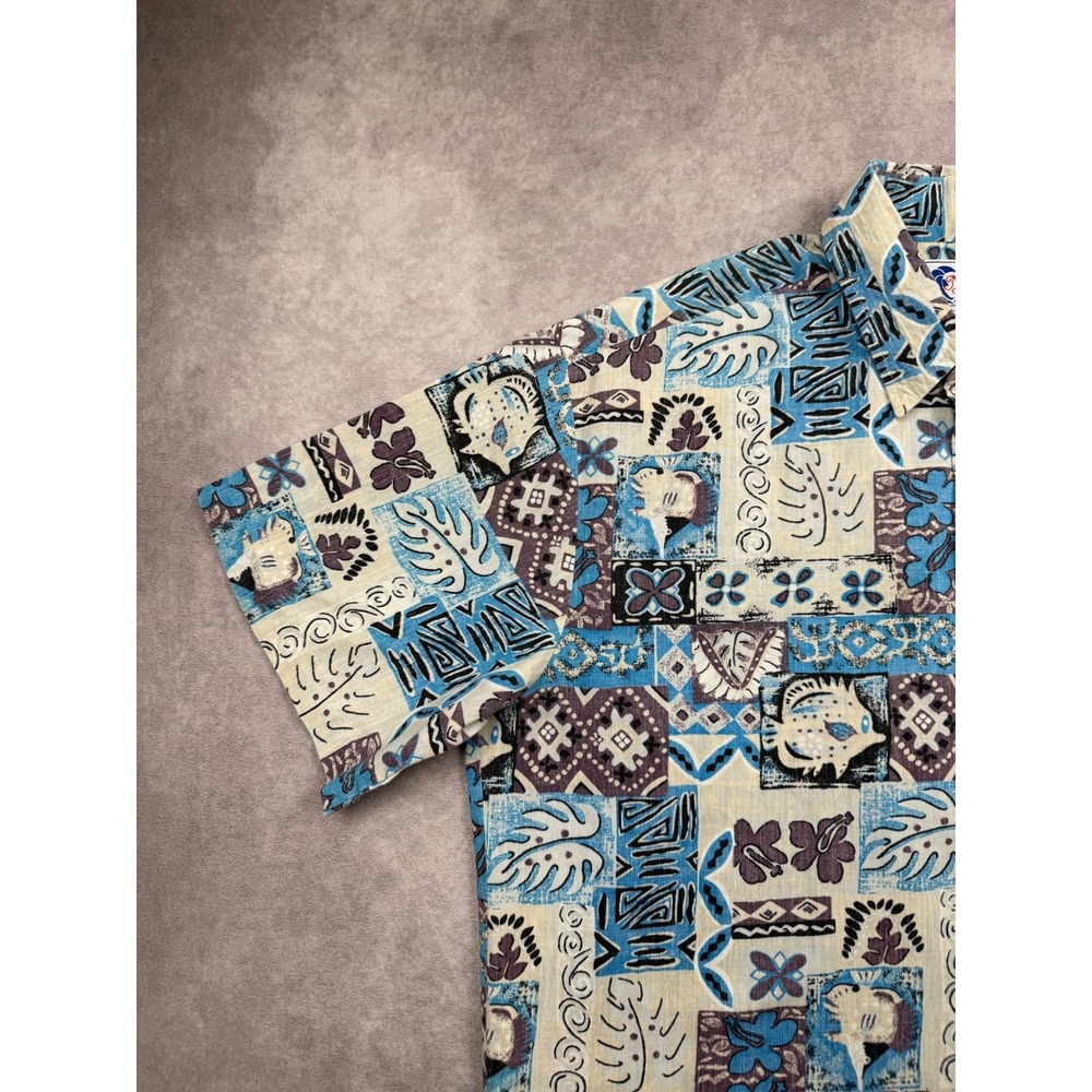 Nui Nalu Mens Blue Tribal Fish Block Print Hawaiian Popover Shirt Large Hawaii - Picture 7 of 10